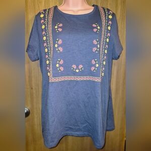 Boho Blue Embroidered Floral Tunic Top  Short Sleeve XL Cottage Core Festivle